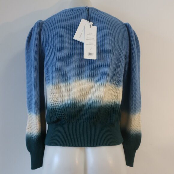 NWT Women Veronica Beard Parula Blue Ivory Puff Sleeve V-Neck Cardigan Sweater M - Picture 8 of 10